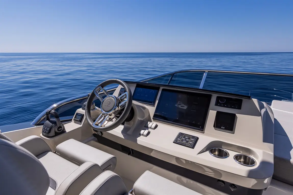 Stylish boat dashboard featuring a steering wheel, touchscreen displays, and smooth waters under a clear blue sky.